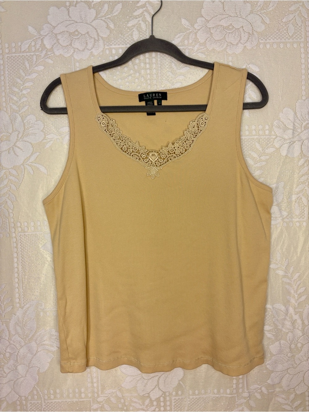 Lauren Ralph Lauren 100% Cotton Beige Lace-Trim Tank Top